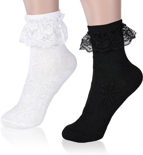 Tyqour 2 Paar Rüschen Socken für Damen, Rüschen Spitze Damen mit Socken Weiche Baumwollsocken Süße Spitzensocken, Schwarz-Weiße, Rüschensocken Set, Süße Ballettsocken für Damen und Mädchen