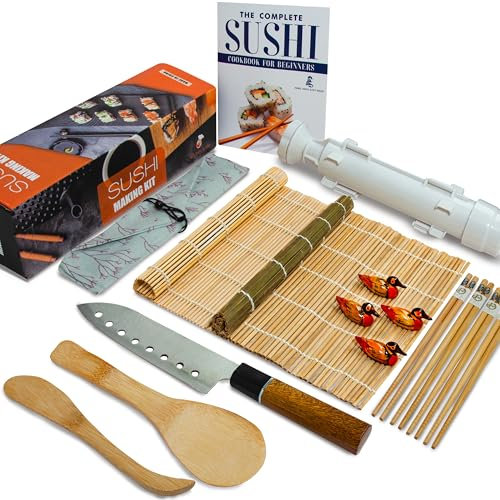 Sushi Making Kit 16 Pcs - Bamboo Sushi Rolling Mat and Serving Set - Make Your Own Sushi at Home - 2 Sushi Mat, 4 Pairs Chopsticks with Bag, Sushi Bazooka, Paddle, Spreader, Chopstick Holder with Book