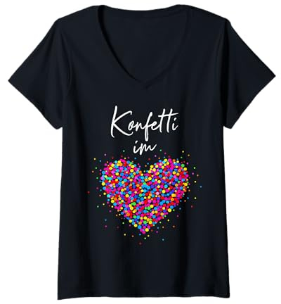 Damen Konfetti im Herzen Karneval Fasching Kostüm T-Shirt mit V-Ausschnitt