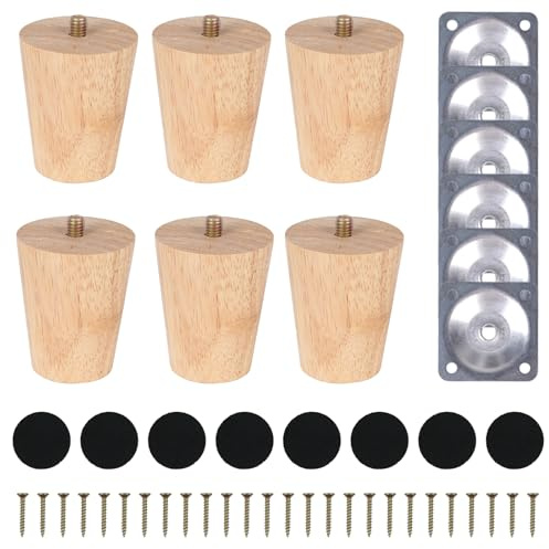 COEWUR 6 Stück Möbelfüße Holz 6cm Möbelbeine Rund Möbelfüsse mit Montageplatten Schrauben Filzgleiter Konische Schrankfüße aus Massivholz Beine für Möbel Sofa Schrank Bett Couch Sessel