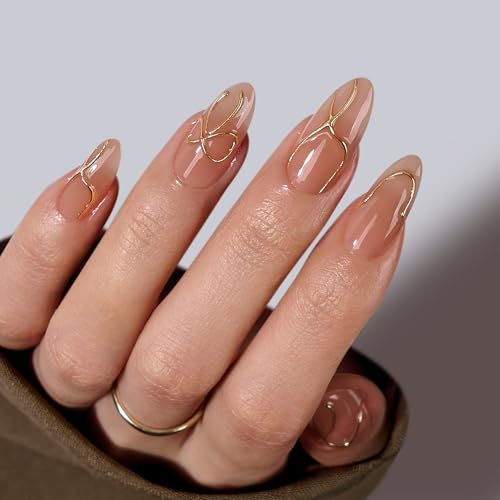 BTArtbox Press On Nails Almond - Medium False Nails with 3D Gold Lines Design, Gold Swirl Stick On Nails for Women, 30 Pcs Fake Nail Kit in 15 Sizes, Radiant Ribbons