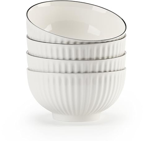 TuYines Lot de 4 bols à céréales, bols à dessert, profonds blancs, 700 ml, 15 x 8 cm, bols en céramique, pour salade, flocons d'avoine, passent au micro-ondes et au four (F)