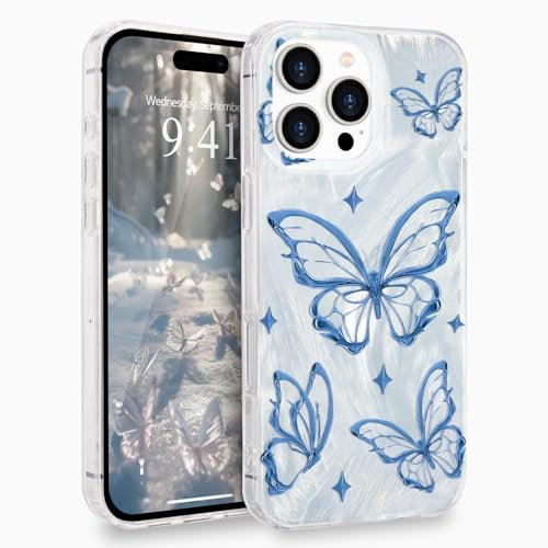 L-FADNUT for iPhone 16 Pro Max Case for Women Girls, Glitter Silver Cute Butterfly Pattern Phone Case, Trendy Shiny Slim Protective Anti-scratch Aesthetic Cover for iPhone 16 Pro Max, Light Blue