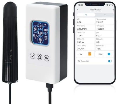 7-in-1 Smart Wasserqualitäts-Tester, Wireless WiFi Wasser-Monitor pH/ORP/TDS/EC/Salinität/SG/Temperatur, Wasserqualitäts-Messgerät mit App-Anbindung & Echtzeit-Alarmen für Aquarium Salzwasser-Aquarium
