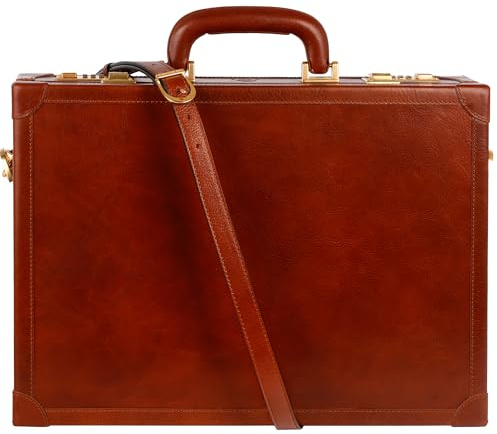 Time Resistance Leder-Aktenkoffer – Aktentasche aus italienischem Vollnarbenleder – Laptoptasche bis zu 15 – Hartschalenkoffer mit Schloss (Cognac Braun)