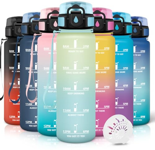 Motswedi Gourde 1l, Anti-Fuite, Gourde Sport, avec Marqueur de Temps, Bouteille d'eau, Réutilisable, Bouteille, pour Sport, Randonnée, Yoga, Fitness, Blanc Cassé Bleu Clair