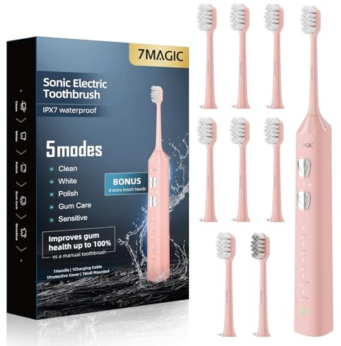7MAGIC Sonic Brosse à dents électrique pour adultes et enfants – Jusqu'à 180 jours d'autonomie, brosse à dents alimentée par 42 000 VPM, 5 modes et 3 intensités pour dents et appareils dentaires