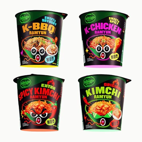 CJ Bibigo Korean Style Stir-Fried Cup Authentic Instant Noodles Ramyun - Assorted Flavour 98g [NEW] (Pack of 4)