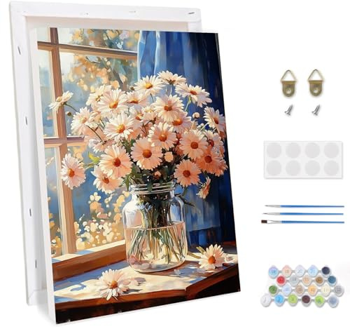 TOSTOG Peinture par Numéro Adulte avec Cadre Marguerites roses Peinture par Numéros pour Adulte Paint by Numbers Kit pour Décoration Murale et Cadeaux Pour La Maison (20×30cm)