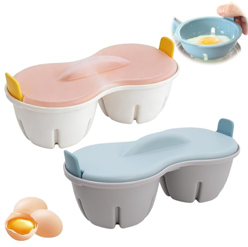 Microwave Egg Poacher, 2 Pcs BPA-Free Egg Poacher Microwave, Microwavable Poached Eggs Maker Cooker with Lid and Removable Tray(Yellow, Blue)