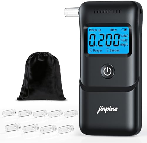Alkoholtester Promillemessgerät Atemalkoholtester mit Halbleiter Sensorik: Professioneller Alkohol Tester mit LCD Display - Tragbarer Alkoholmessgerät 10 Mundstücken für Auto Alltag und Party Schwarz