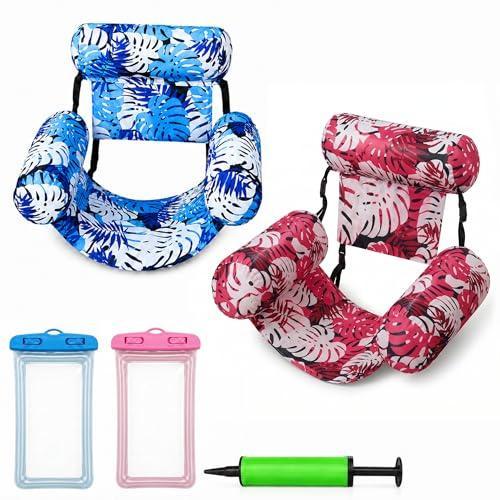 TootyTots Wasserhängematte Pool Erwachsene 2er Set Aufblasbarer Schwimmsessel mit Stoffbezug Rückenlehne Handpumpe und 2 Wasserdichten Handytaschen Wasserliege für Sommer Urlaub Strand Badesee Lounge