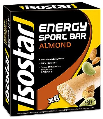 Isostar, Barritas Energy Sport con Vitamina B1, Fósforo y Magnesio. Contribuyen al mantenimiento de los huesos en condiciones normales y a la reducción de la fatiga. Sabor Almendra, 6x25gr