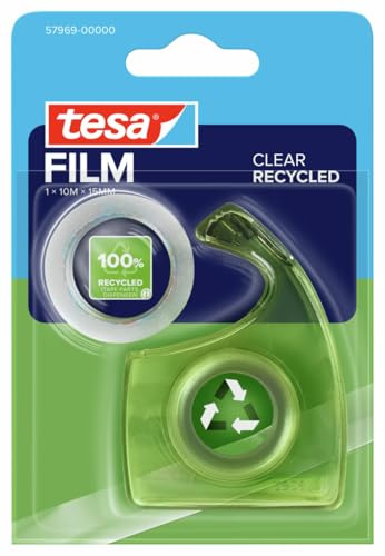 tesa Clear Recycled Tape, Transparent - 1 Roll 10m x 15mm + Hand Dispenser | Tear-resistant transparent film with strong adhesion - solvent-free and resistant to ageing - supplied with handheld cutter