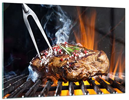 Wandbilder Dekoration Wohnzimmer Steak Grill Flammen Essen Bilder auf Glas 120x80cm Glasbild Schlafzimmer Küche Deko Wand Kunstdruck Art Groß XXL Wanddeko Bild im Glas Modern Wall Decor GAA120x80-2865