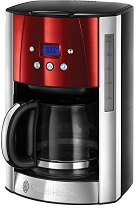Russell Hobbs Cafetera de Goteo Luna Red - 12 Tazas, Jarra Cristal 1,8L, Programable, Soporte de Filtro Lavable, Tecnología de Rociado Avanzada, Acero Inoxidable, Plata y Rojo - 23240-56