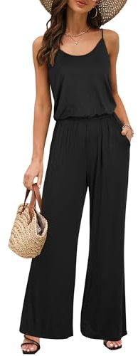 OUGES Damen Sommer Ärmellos Jumpsuit Overall Lang Hosenanzug Casual Playsuit Romper mit Taschen(Schwarz,XL)