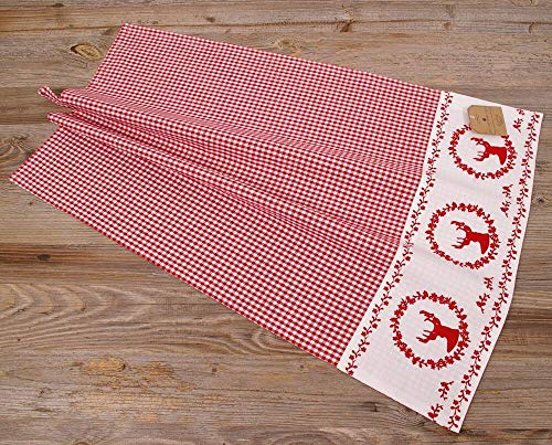 matches21 Geschirrtuch Abtrockentuch Landhaus Premium RESI kariert & Bordüre mit Hirsch Druck 50x70 cm - Rot