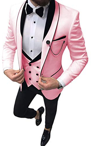 Uomo 3 Pezzi Formale di Alta Qualità Mens Suit Slim Fit Risvolto Smoking Per Matrimonio Groomsmen (Blazer+Vest+Pantaloni), rosa, XX-Small