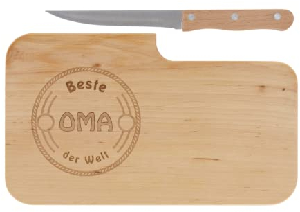 LASERHELD | Brotzeitbrett Holz mit Gravur Beste Oma der Welt & Messer | 26 x 15 cm | Frühstücksbrettchen Holz Schneidebrett Jausenbrett | Muttertagsgeschenk Geschenk für Oma