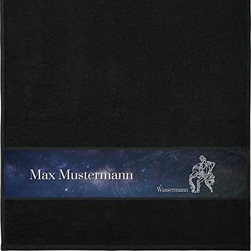 Handtuch mit Namen - personalisiert - Motiv Sternzeichen Wassermann - viele Farben & Motive - Dusch-Handtuch - schwarz - Größe 50x100 cm - persönliches Geschenk mit Wunsch-Motiv und Wunsch-Name