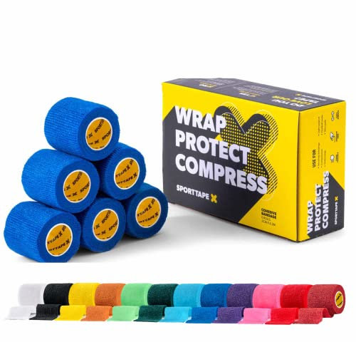 6 Rollen SPORTTAPE Selbsthaftendes Fußball-Sockentape - 5 cm x 4,5 m - Blau - Kohäsive Bandage Sockenband Stutzentape - Fuß- und Handgelenk-Bandage - Pet Vet Wrap für Pferde Hunde, Enthält Latex