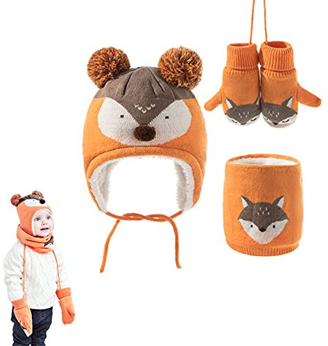 Yanmucy Lot de 3 Ensemble de Bonnets d'hiver pour bébé, écharpe et Gants, Bonnets tricotés, Cache-Cou et moufles, pour Enfants de 0 à 3 Ans.