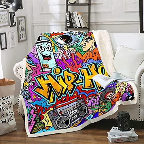 Homemissing Hippie Graffiti Decke 150x200cm Hip Hop Radio Rock Kuscheldecke Kinder Jungen Buntes Graffiti Muster Flanell Fleecedecke Aquarell Kunst Wohndecke für Schlafsofa Couch