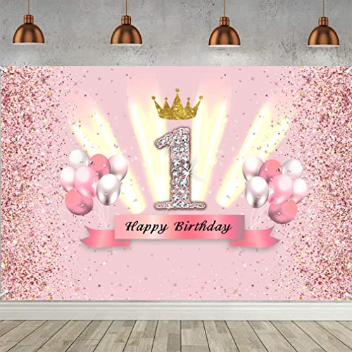 Tecreo 1. Geburtstagsbanner, 1. Geburtstagsdekoration, Roségold, Partydekoration, Mädchen, Stoffschild, Poster, 1. Jahrestag, Party, Krone, Geburtstagsbanner, Tischdekoration, Poster, glitzerndes Rosa