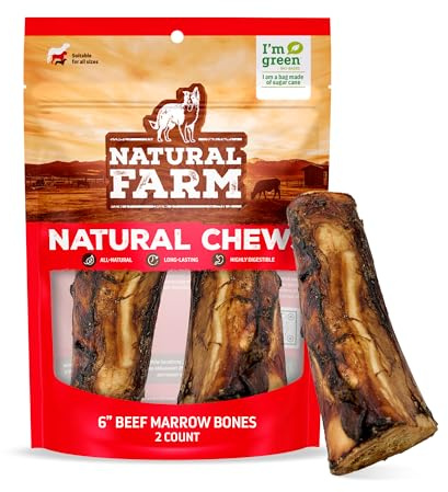 Natural Farm Dog Bones for Large Dogs (5-6 Inch, 2-Pack), 100% Beef Bone Marrow Dog Treats, High in Minerals & Vitamins, Grain-Free, Long-Lasting Bones Chews, Supports Dental Health