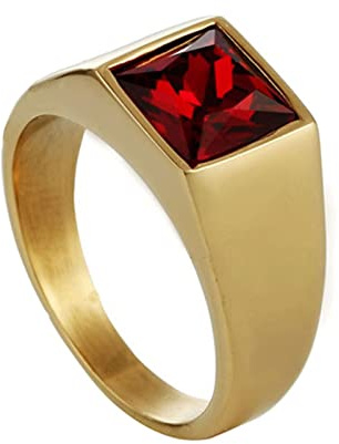 Homxi Ring Gothic Herren,Ring Rund mit Quadratisch Stein Edelstahl Ringe Herren Rot Gold Ringe Herren Größe 62 (19.7)