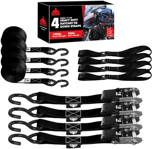 Jack Boss Ratchet Tie Down Straps Set,1500 lbs Break Strength, 1 x 15' Heavy Duty Ratchet Straps with 4X Soft Loops Padded Handles Coated S Hook, Fits for Moving Appliances Motorcycle ATV Truck,Black