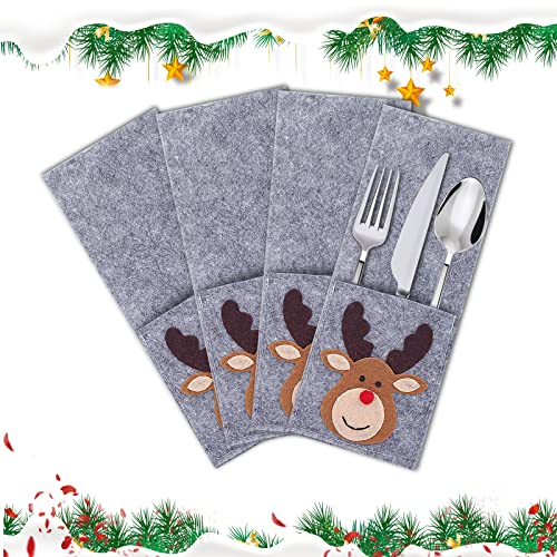 EKKONG Besteckhalter Weihnachten, Rentier Bestecktasche Weihnachten, Weihnachten Besteckhalter Taschen, Weihnachts Tischdeko, 4 Stück