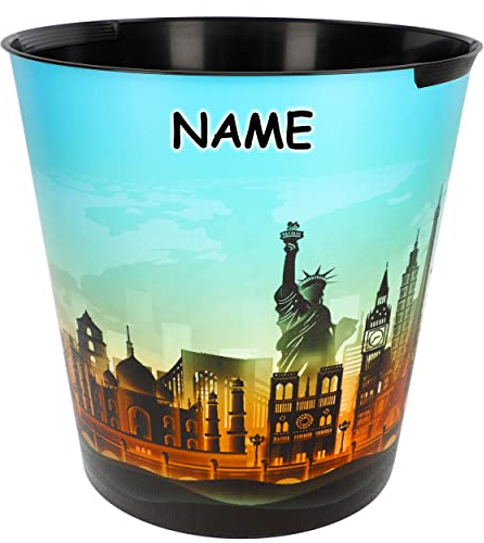 alles-meine.de GmbH Papierkorb Modell wählbar 10 Liter - wasserdicht - 28 cm - aus Kunststoff Städte Skyline - Wahrzeichen der Welt inkl. Name - Eimer - Spielzeugkorb/P..