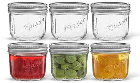 JoyJolt 8 Oz Mason Jars With Lids, Labels and Measures! 6-Pack Wide Mouth Mason Jars, Glass Jar with Lid and Band. Airtight Canning Jars, Overnight Oats Jars, Salad Jars, Sourdough Starter Jar