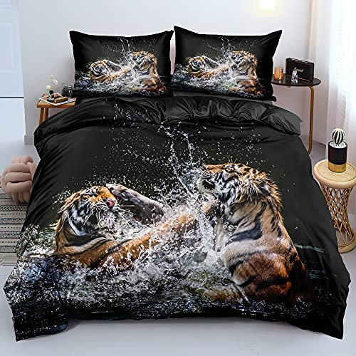 DXHOME Tiger Bettwäsche 135x200 Tiermotiv 3D Effekt Bettwäsche Schwarz Gelb Weich Komfort Mikrofaser Wendebettwäsche 2 teilig für Jungen Kinder Einzelbett mit Reißverschluss und Kissenbezug 80x80 cm