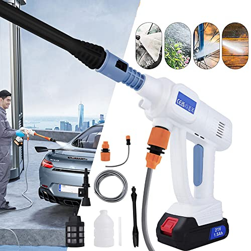 Tragbare Akku-Hochdruckreiniger Jet Wasser Waschen Auto Reiniger Pistole Set mit Li-Ion Batterie, Ladegerät, justierbare Düse, Zubehör, 2-Schnellkupplungen und 5M Schlauch