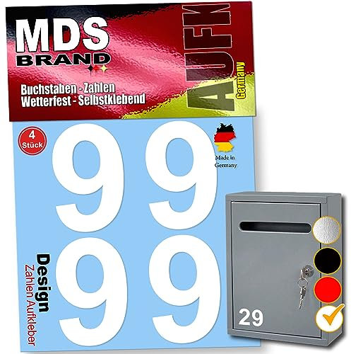 MDS Brand 5cm Design Zahlen Aufkleber Selbstklebende Klebezahlen | Vinyl Hausnummern zum Aufkleben für Briefkasten, Mülltonnen, Hausnummer für Außen & Innen (Weiss, 9)