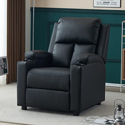Manual Recliner Armchair, Push Back Recliner Sofa Chair for Elderly, PU Leather Reclining Chair Lounge Seating with Cup Holder Leg Rest, Oversized Fireside Chair for Living Room Home Theater, Black