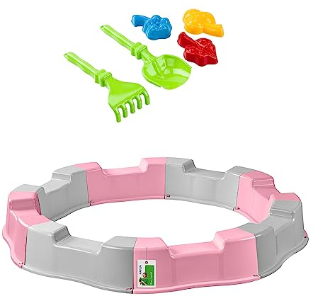 Sandkasten für Kinder mit Spielzeug - 160 x 22 cm - Modularer Sandbox 8 Elemente Runder Sandkiste für Garten Outdoor | Grau/rosa | Kunststoff