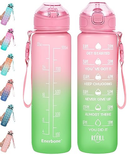 Enerbone Wasserflasche mit Trinkzeiten und Strohhalm, motivierender Tragegurt, auslaufsicher, BPA- und giftfrei, sorgt dafür, dass Sie genug für Fitness, Fitnessstudio, Outdoor, Wassermelone