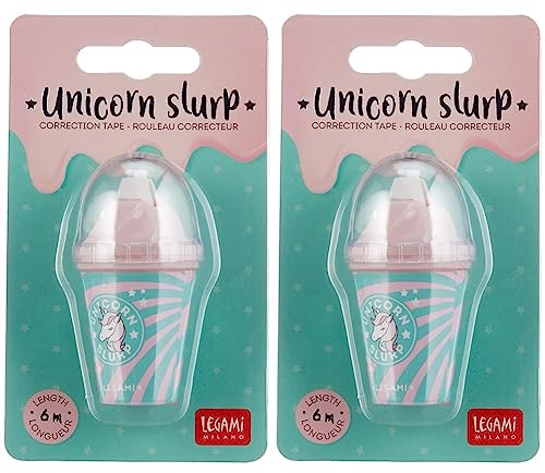 Legami - Korrekturband, hochdeckend, sofort wiederbeschreibbar, aus Kunststoff, Durchmesser 3 cm Höhe 6,5 cm, Unicorn Slurp, 1 Stück (2er Pack)