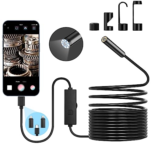 URAQT 3 in 1 Endoscopio, 1080P HD WIFI Telecamera Endoscopia con 8 LED, 7.9mm IP67 Sonda Impermeabile Cavo Semirigido, 3M/9.84FT Sonda Telecamera Tubazioni USB, Compatibile con iOS e Android, Tablet