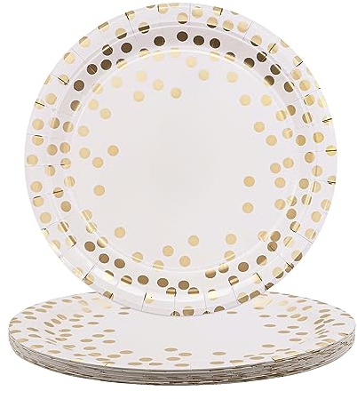 TOPWAYS Platos de papel desechables de 9 pulgadas, 25 unidades, color blanco, champán, dorado, lunares, vajilla de fiesta, vajilla desechable para bodas, cumpleaños, compromisos, Navidad, barbacoas,