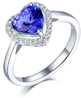 Eheringe Blau, Damenring Vintage 18 Karat Weißgold Tansanit 1.4ct Einfache Herzform für Geburtstag Größe 61 (19.4)