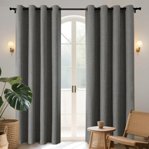 Joydeco 100% Tende Oscuranti per Interni 2 Pezzi L 140 x A 245, Lino Tende Termiche con Occhielli per Camera da Letto e Soggiorno Moderne Blackout Curtains, Grigio