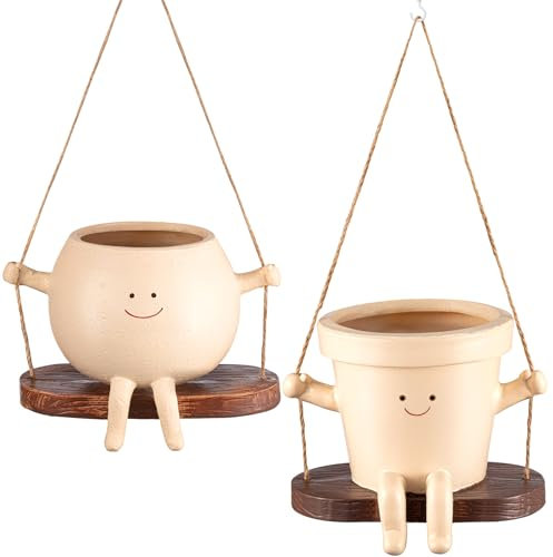 Domensi 2 macetas colgantes de cara oscilante, lindas macetas para plantas vivas al aire libre e interior, macetas de resina para suculentas para cuerda, bonitas macetas con agujero de drenaje, regalo