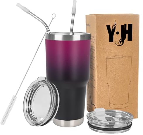 Y·J&H 30oz (850ml) Doppelwandig Vakuum Isolierter Autobecher, Edelstahl Reiseflasche, Thermobecher Kaffee to Go mit 2 Spritzfestem Deckel 2 Strohhalm, Rohrbürste,BPA Free - Lila&Schwarz