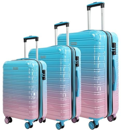Blade Kofferset 3 Teilig Erweiterbar - Hartschalen Koffer Trolleys - Leichter Rollkoffer Handgepäck aus ABS+PC mit TSA Schloss - 4 Spinner Räder Koffer - 3er Reisekofferset (Blau-Pink-Set)