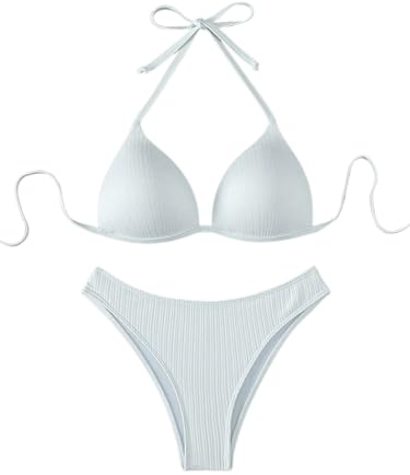 GORGLITTER Push Up Bikini Damen Set High Waist Neckholder Bikini Mit Bügel Zweiteiliger Badeanzug Bademode Weiß XS